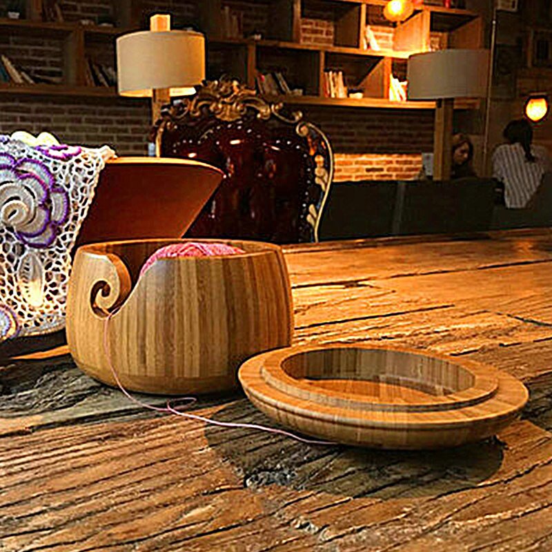 Bol de fil avec couvercle rond en bois bambou fil bol de rangement avec couvercle en bois massif à la main laine outil de tricotage