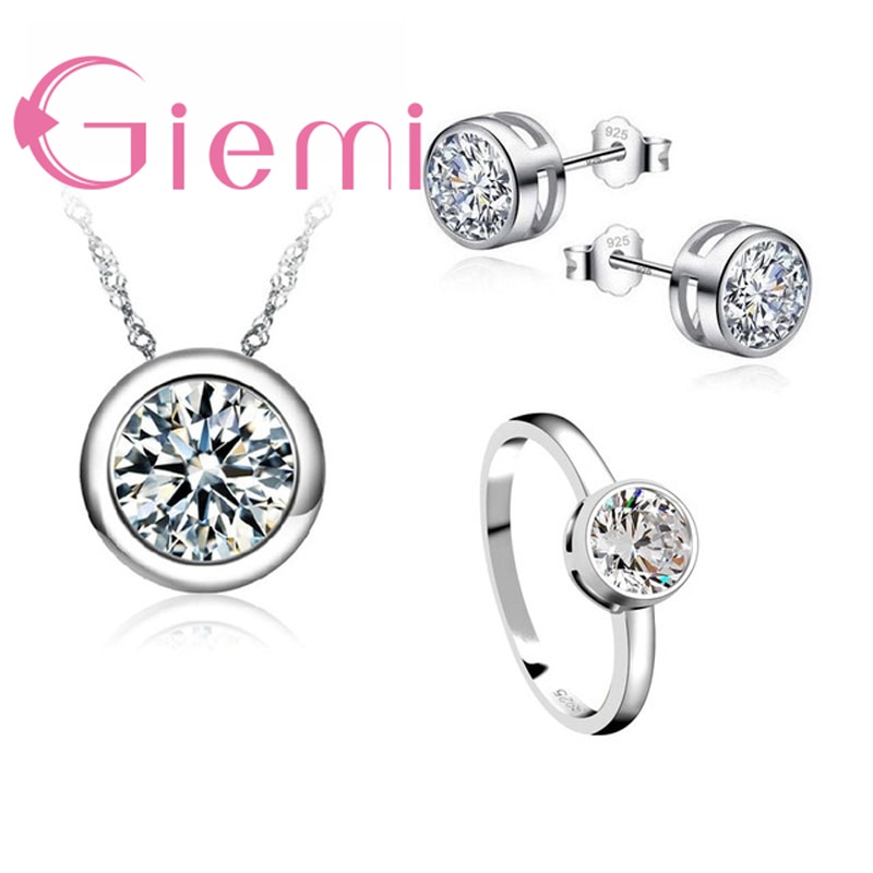 Trendy Classic Women Engagement 925 Sterling Silver Shinny CZ Wedding Necklace/Earring/Ring Jewelry Sets For Women