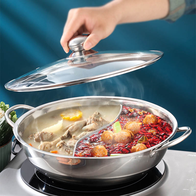 Kiinalainen kattila kannella paksuntaa ruostumatonta terästä 2 in 1 jaettu hotpot keittiön pannu kannella kaasuliesi induktioliesi