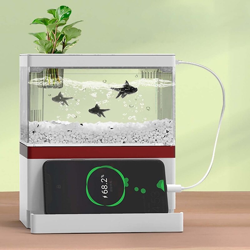 Petit aquarium de poisson rouge silencieux, décor de maison avec support pour téléphone et Pad