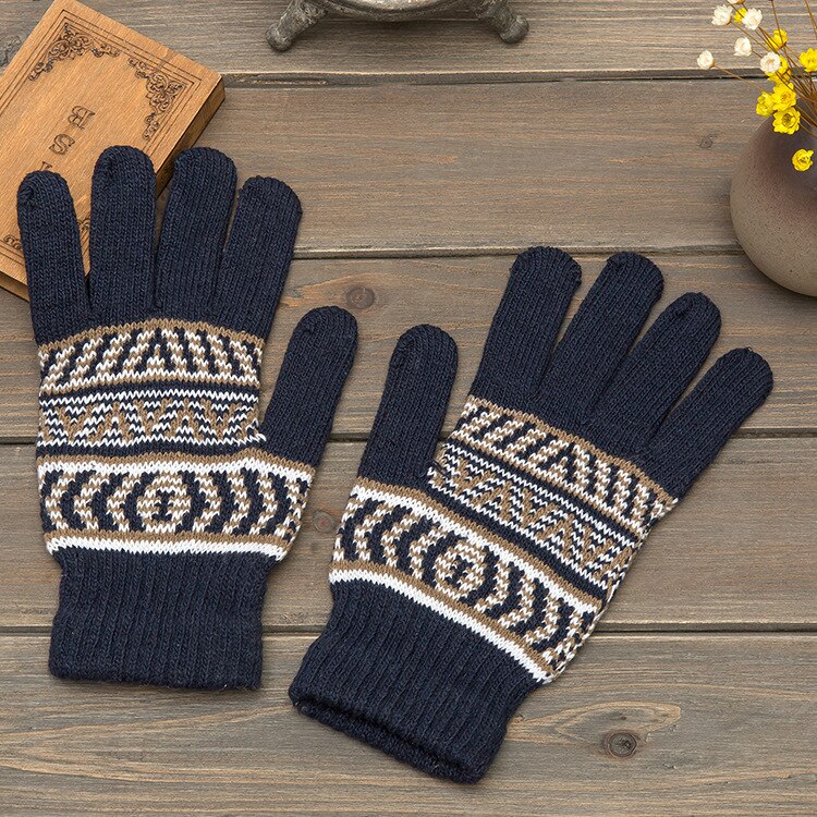Handschoenen Mannen Gestreepte Eenvoudige Leisure Warm Breien Zachte Winter Outdoor Fiets Handschoen Heren Daily Volledige Vinger Wanten Chic: navy