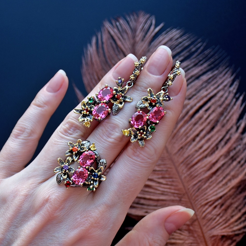 DreamCarnival1989 Stunning Fuchsia Zirconia Ring Earrings Jewelry Set Women Anniversary Party Must Have Eye Catching ER3874FUS2