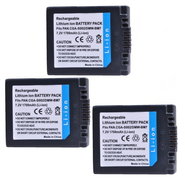 1700mAh CGA-S002 DMW-BM7 CGA S002e batterie pour Panasonic DMC-FZ10 FZ15 FZ2 FZ20 FZ3 FZ4 FZ5 CGA S002 DMW BM7 CGA-S002E Batterie: 3 pack