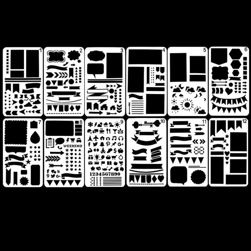 12/20pcs DIY Drawing Template Diary Planner Journal Notebook Diary Scrapbook Bullet Journal Stencil Set Plastic Planner: 12pcs