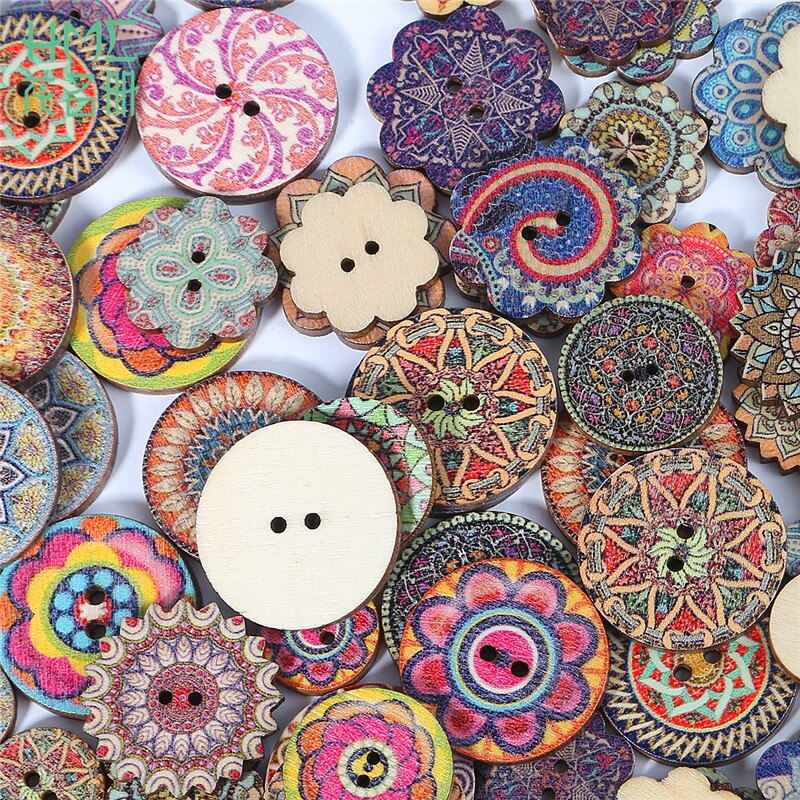 VICASKY 100 stks Houten Naaien Knoppen Bloem Plant Patroon Knop Breien Kleding Knopen Handgemaakte Crafting Knop met 2 Gaten voor Scrapbooking