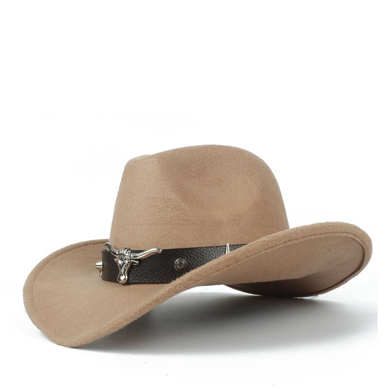 100% Wool Women Men Hollow Western Cowboy Hat With Tauren Belt Winter Outback Jazz Toca Sombrero Cap Size 56-58CM: Khaki