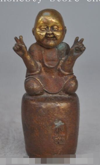 S2984 Gunstige oude Chinese Feng Shui Brons jongen lad Boeddhistische monnik Standbeeld Sculptuur