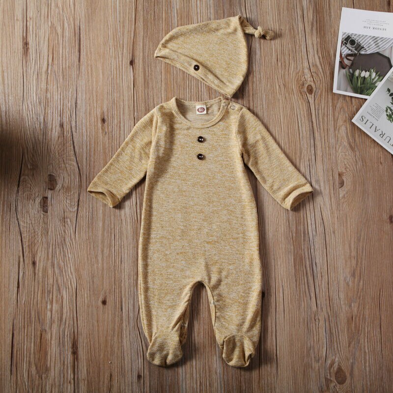 Pasgeboren Baby Baby Kids Jongen Meisje Knop Lange Mouwen Footies Jumpsuit Hoed 2 stuks Lente Herfst Outfits set Kleding