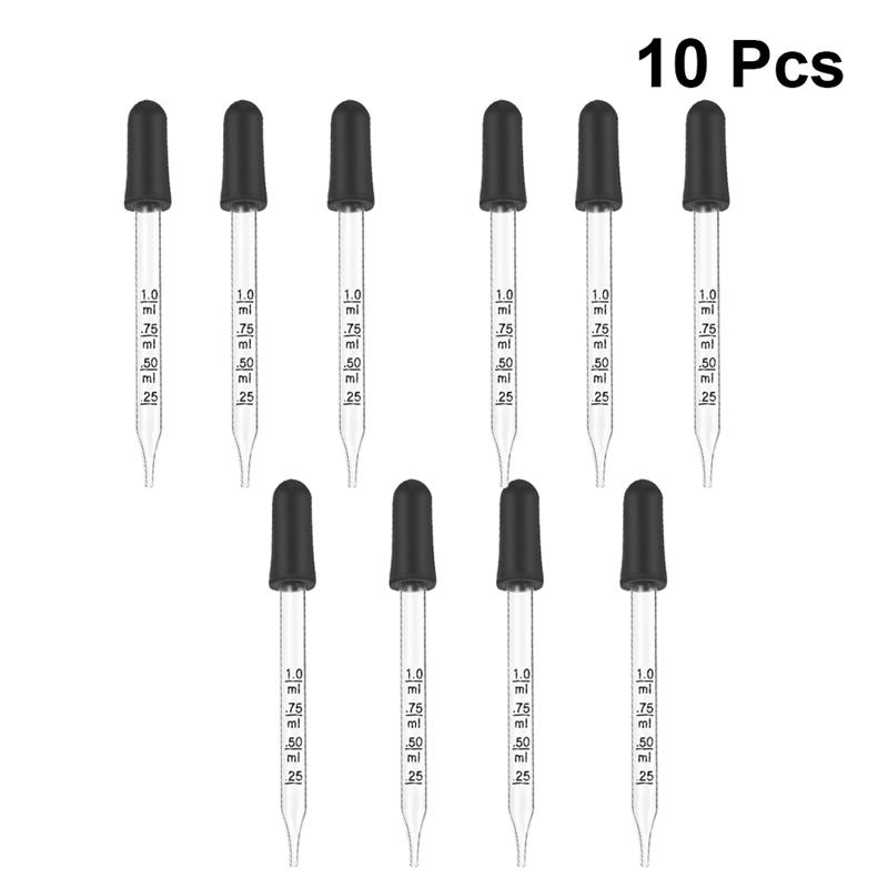 10Pcs Glass Droppers Rubber Head Scale Pipette Dropper for School Home (1ml, Straight Head, Scale, Plastic Tube Packaging)