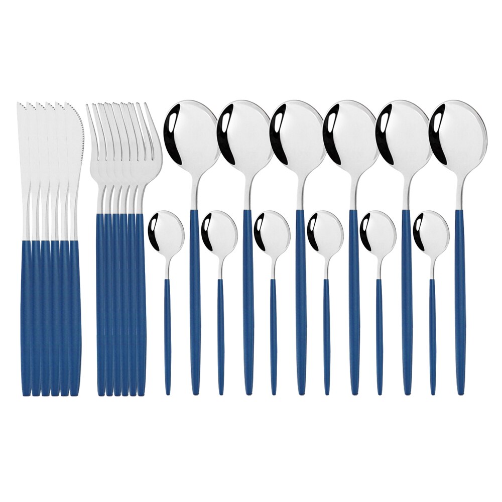 Pink Gold Cutlery Set Stainless Steel Dinnerware Set 24Pcs Knives Forks Coffee Spoons Flatware Set Kitchen Dinner Tableware Set: Blue Silver