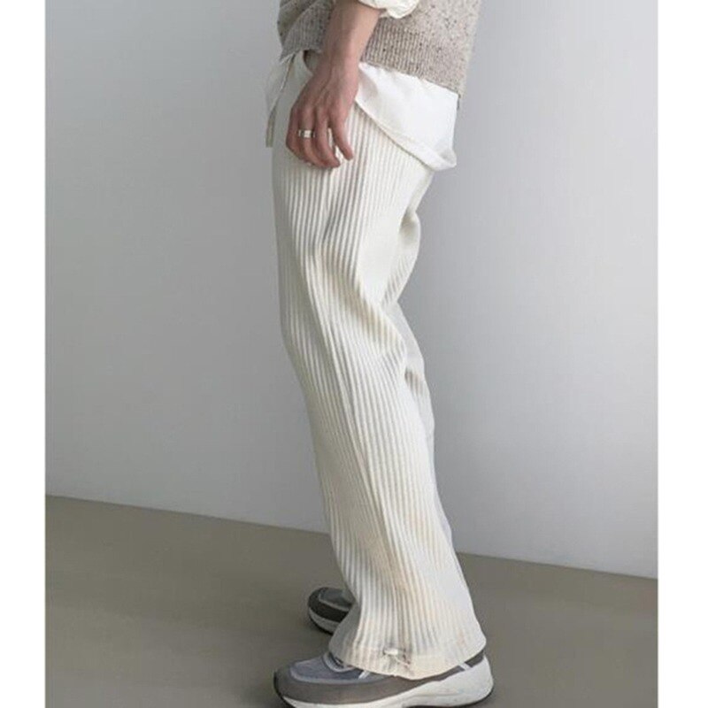 Men's Solid Color Vertical Pattern Loose Flared Pants European American Trend Drape Straight Casual High Waist Trousers