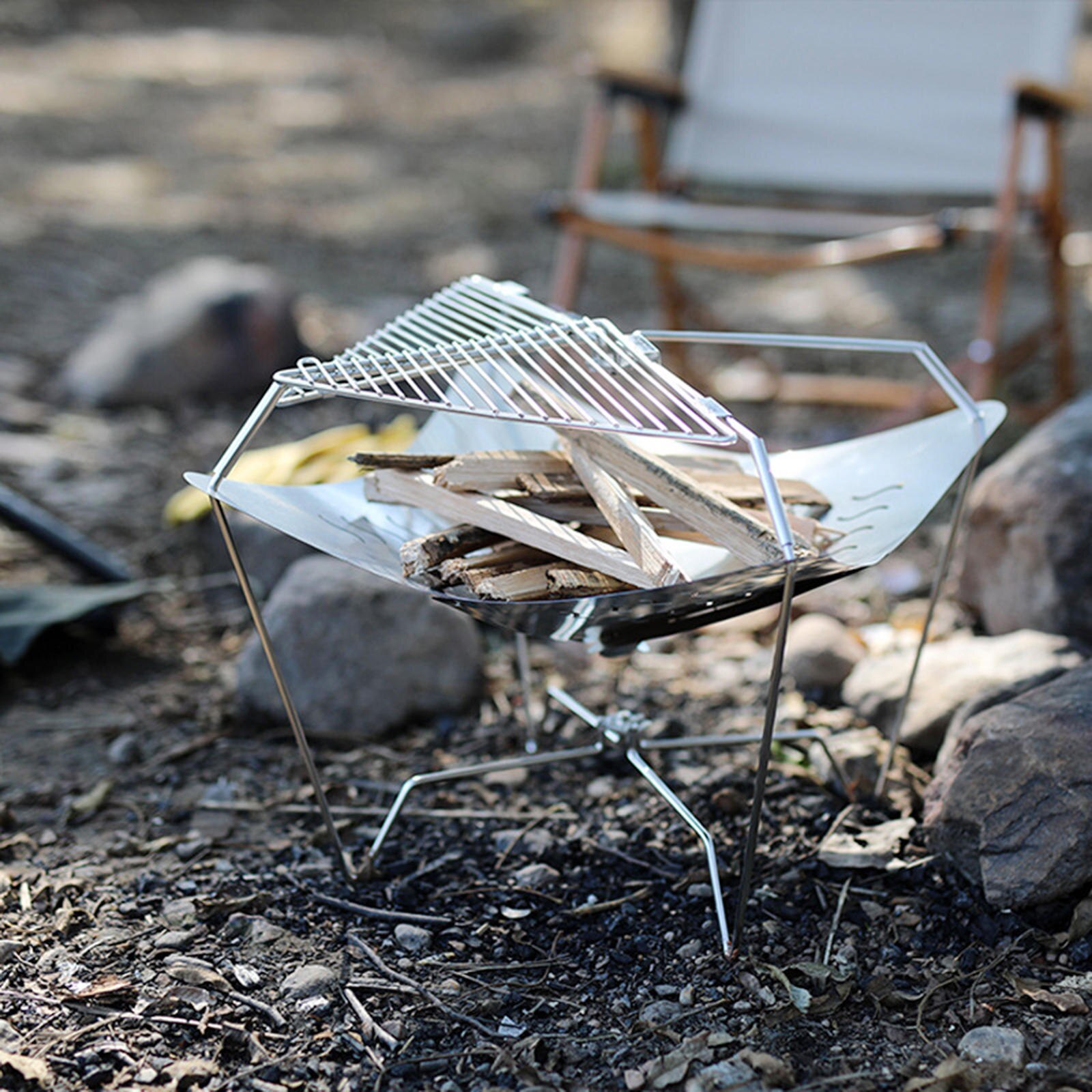 Portable Fire Pit Folding Stove Campfire Rack Fireplace Collapsing Stand Wood Burning for Barbecue Patio Travel Camping