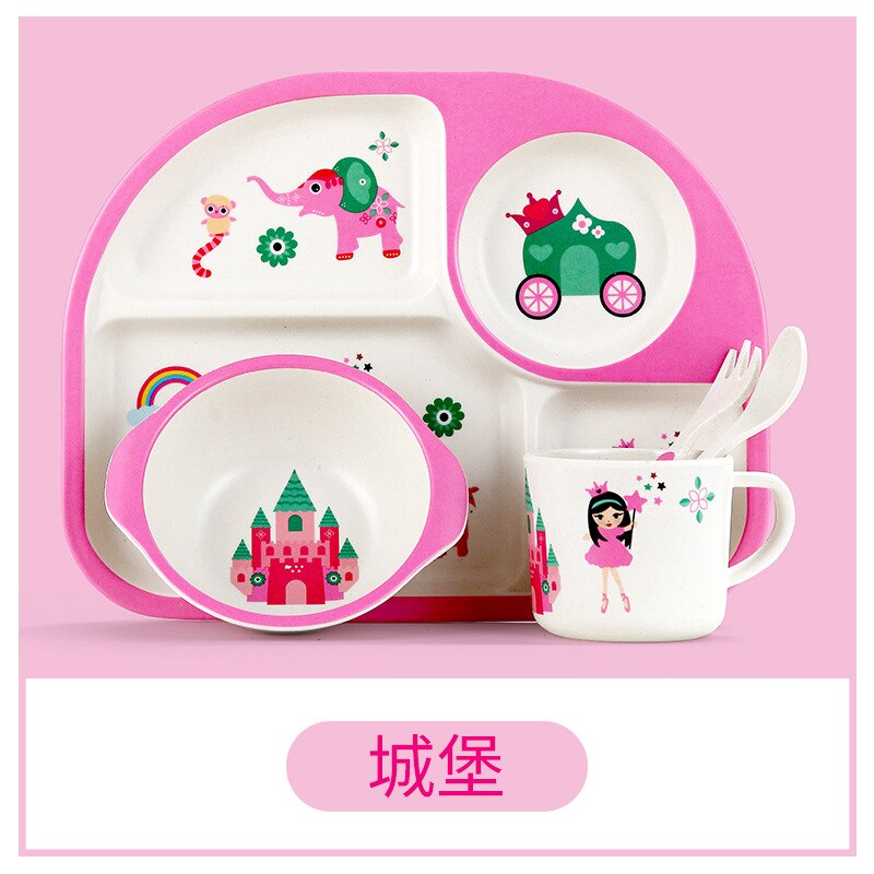 Bamboo Kids Dinnerware Set,Food Plate Bowl Cup Spoon Fork Dishware,Cartoon Tableware,Healthy Mealtime,Dishwasher Safe,BPA Free: A