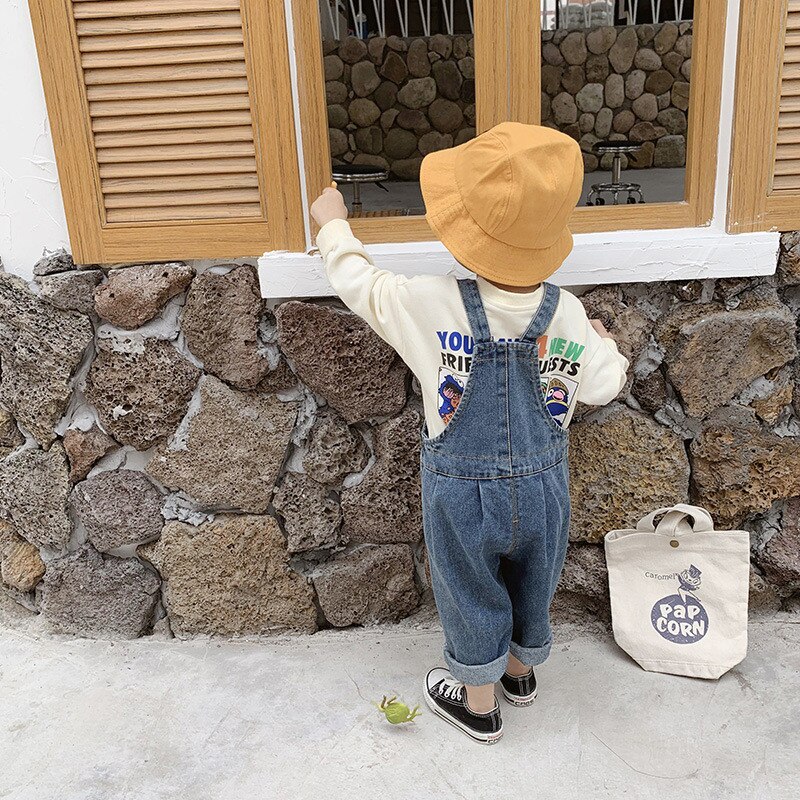 Spring Autumn Korean style baby boys denim loose overalls cute girl kids casual all-match suspender trousers bib pants