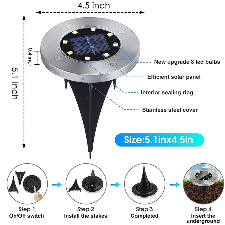 Solar Disk Light 8LEDS Outdoor LED Garden Pathway Light Waterproof Landscape Solar In-Ground Lights for Patio Lawn Driveway Deck