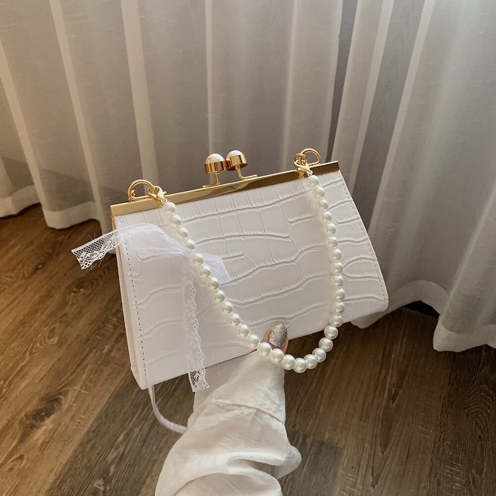 Retro Alligator Pattern Crossbody Bag For Women Clip Buckle Pearl Chain Bag PU Leather Small Shoulder Bag Square Handbags