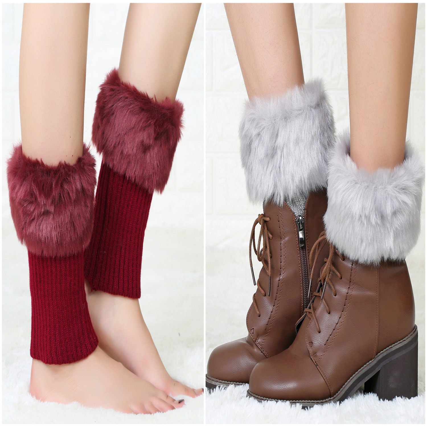 Fluffig päls benvärmare dam för stövlar faux vinter stickad varm damask stickad dam trim manschetter toppers strumpor kvinnligt lår