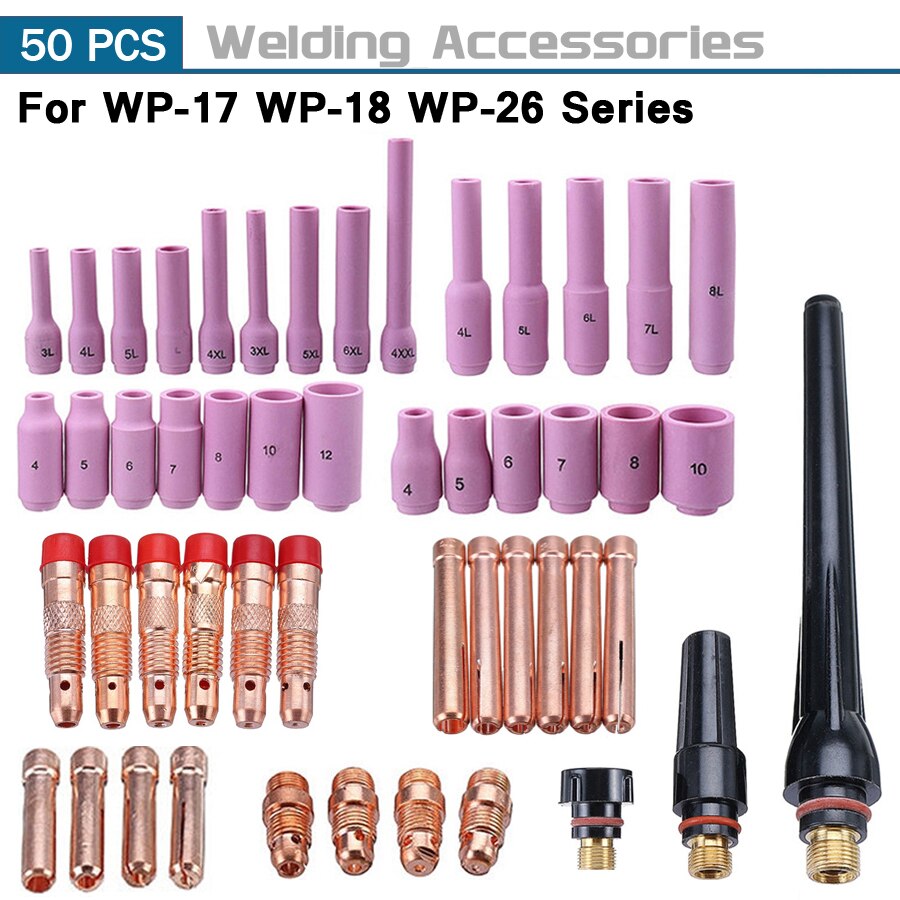 50Pcs/Lot TIG Welding Torch Inside Outside Degree Gas Lens For WP17 WP18 WP26 TIG Back Cap Collet Bodies Spares Kit Accessories