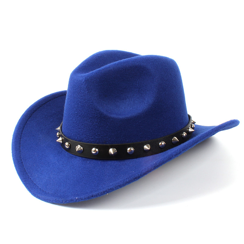 Damer uldfilt vestlig cowboyhue med sammenrullet bred kant gentleman lady jazz cowgirl punk nittebælte sombrero caps  c18: Blå