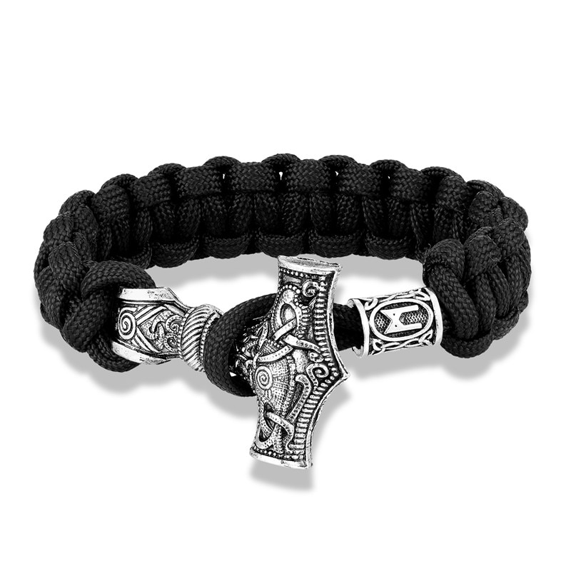 Mkendn pulseira de cordas viking, pulseira de sobrevivência de cordão de metal artesanal, thor mjolnir, cordão de paracord