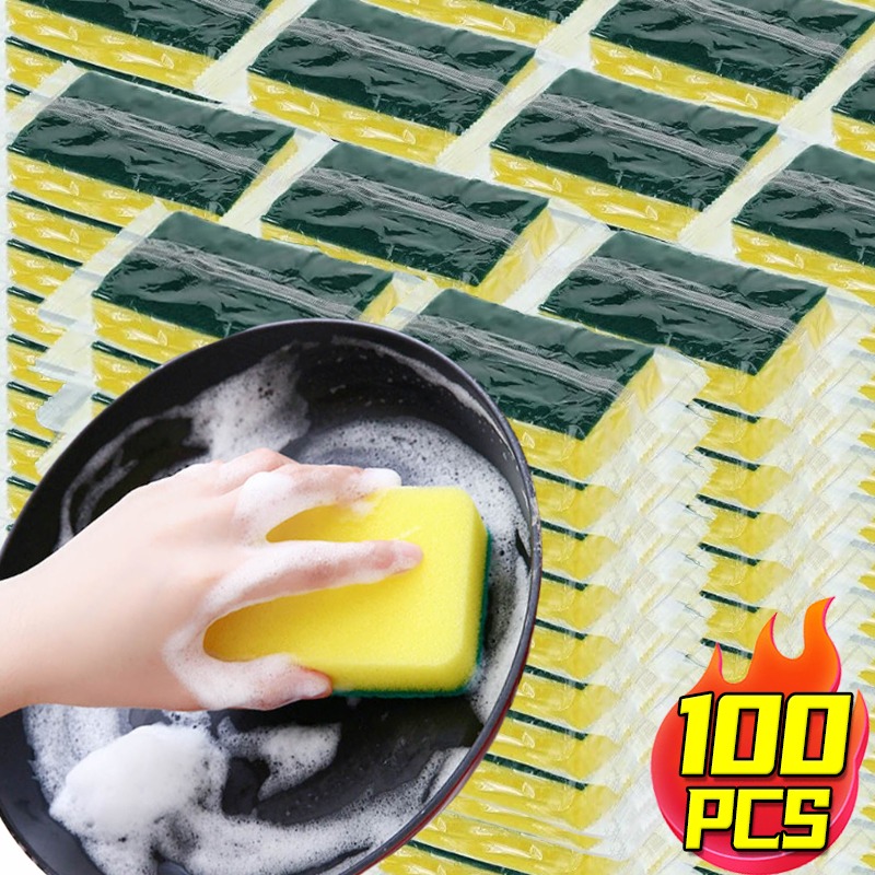 100/1Pcs Kitchen Dishwashing Sponge Household Cleaning Brush Sponge Soft Absorbent Clean Rub Pot Rust Pad Scouring Removing Kits