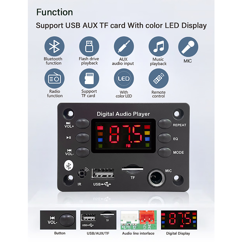 DC 5V 12V odtwarzacz MP3 Bluetooth 5.0 płyta dekodera Radio FM bezstratne odtwarzacz Audio DIY zestaw obsługuje USB zdalny mikrofon TF AUX