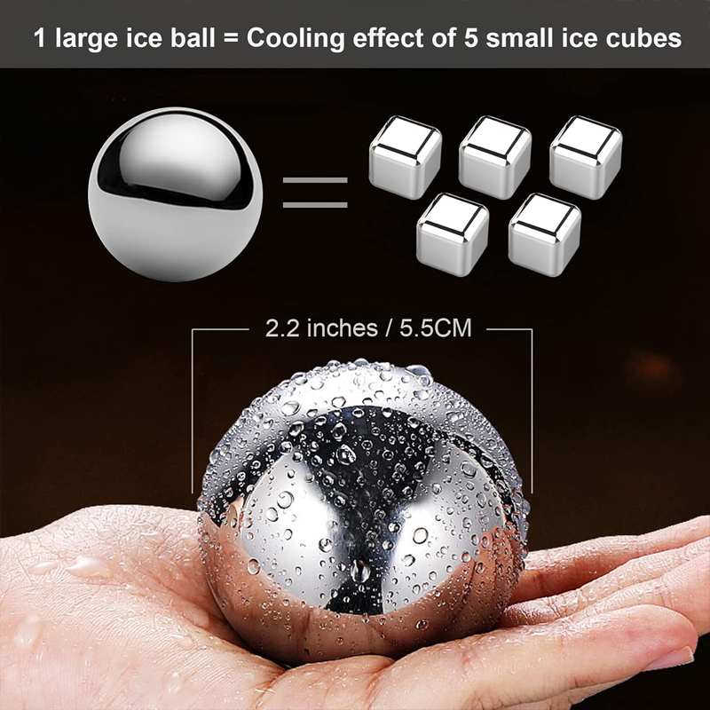 55mm Stainless Steel Ice Cubes Set Reusable Chilling Stones with Ice Tong Whiskey Cooler Wine Cooling Metal Ice Balls Bar Tools