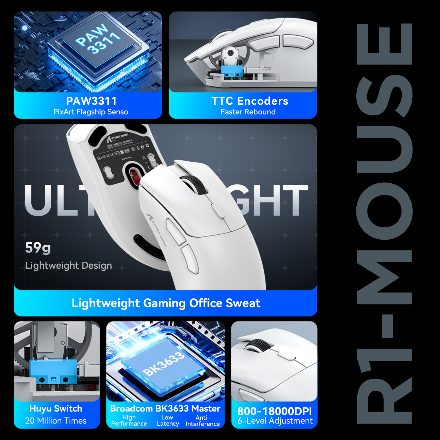 R1 Wireless Gaming-Maus, 18000dpi,1000Hz, Tri-Verbindung, paw3311, Makromaus