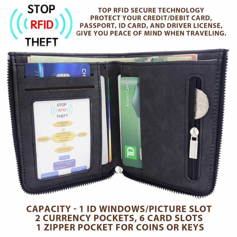 Heren heren pu lederen dunne kleine portemonnees rfid-blokkerende rits portemonnee portemonnee plastic creditcard bankpas houder