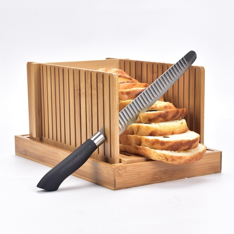 Bamboo Bread Slicer for Homemade Bread Cutting Board with Crumble Holder Tray Adjustable Compact Foldable Loaf Slicer