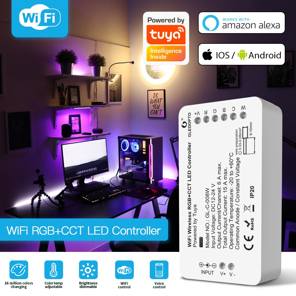 WiFi smart LED light strip controller RGB+CCT color adjustment brightness wireless remote control