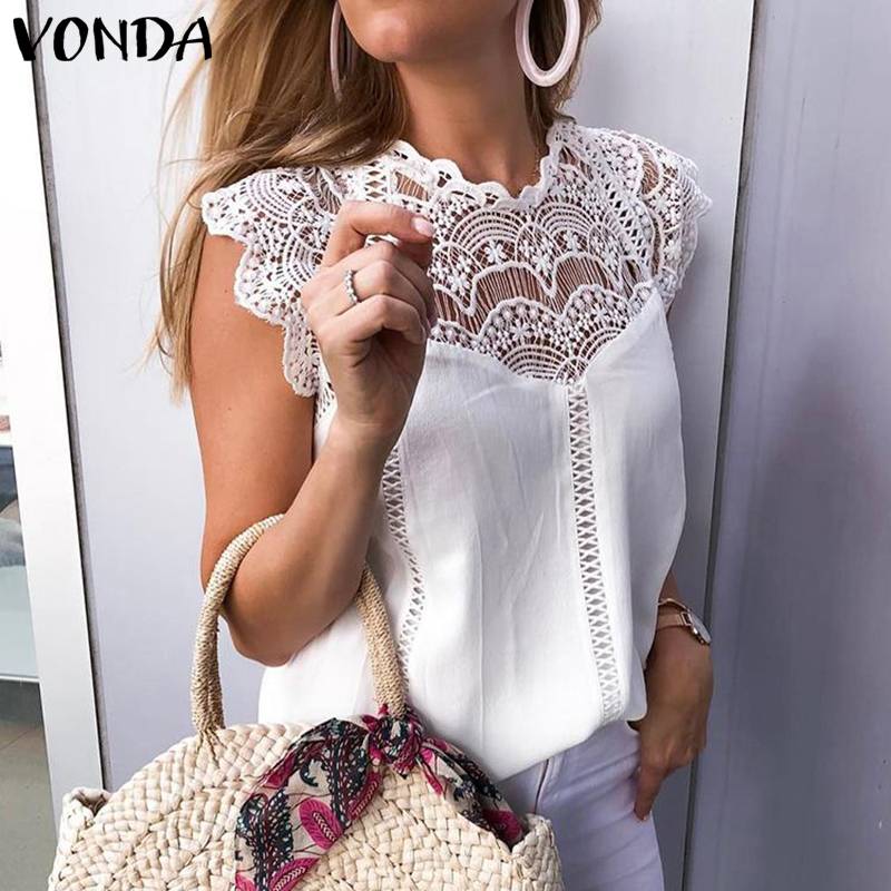 VONDA Maternity Blouses Sexy Sleeveless Summer Lace Shirt Office Ladies Hollow Party Pregnancy Tops White Blusas Tunics