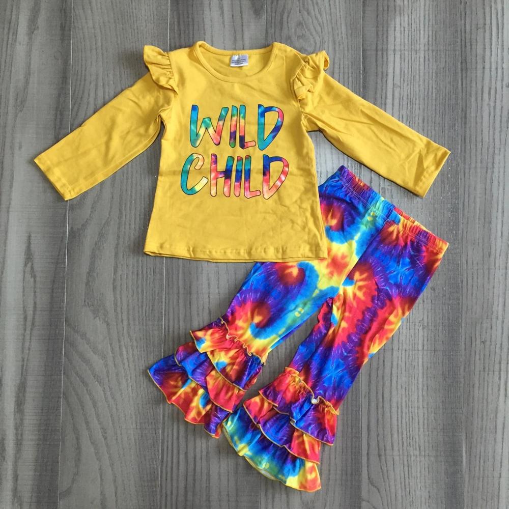 Girlymax babymeisjes katoenen mosterd wilde kind bell-bottoms tie dye broek set outfits kinderkleding ruches boetiek