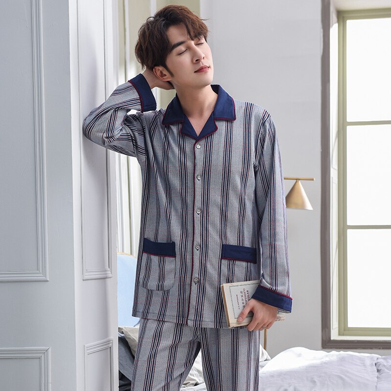 Stripe pajamas men long sleeve pajama set for male big yards sleep clothing casual nightie sleepwear men pyjamas suit autumn: XL