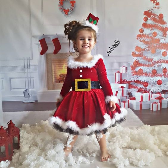 Jul børn baby piger fleece kjole o-hals langærmet høj talje nederdel med ryg lynlås fest festspil santa kjoler 6m-4y