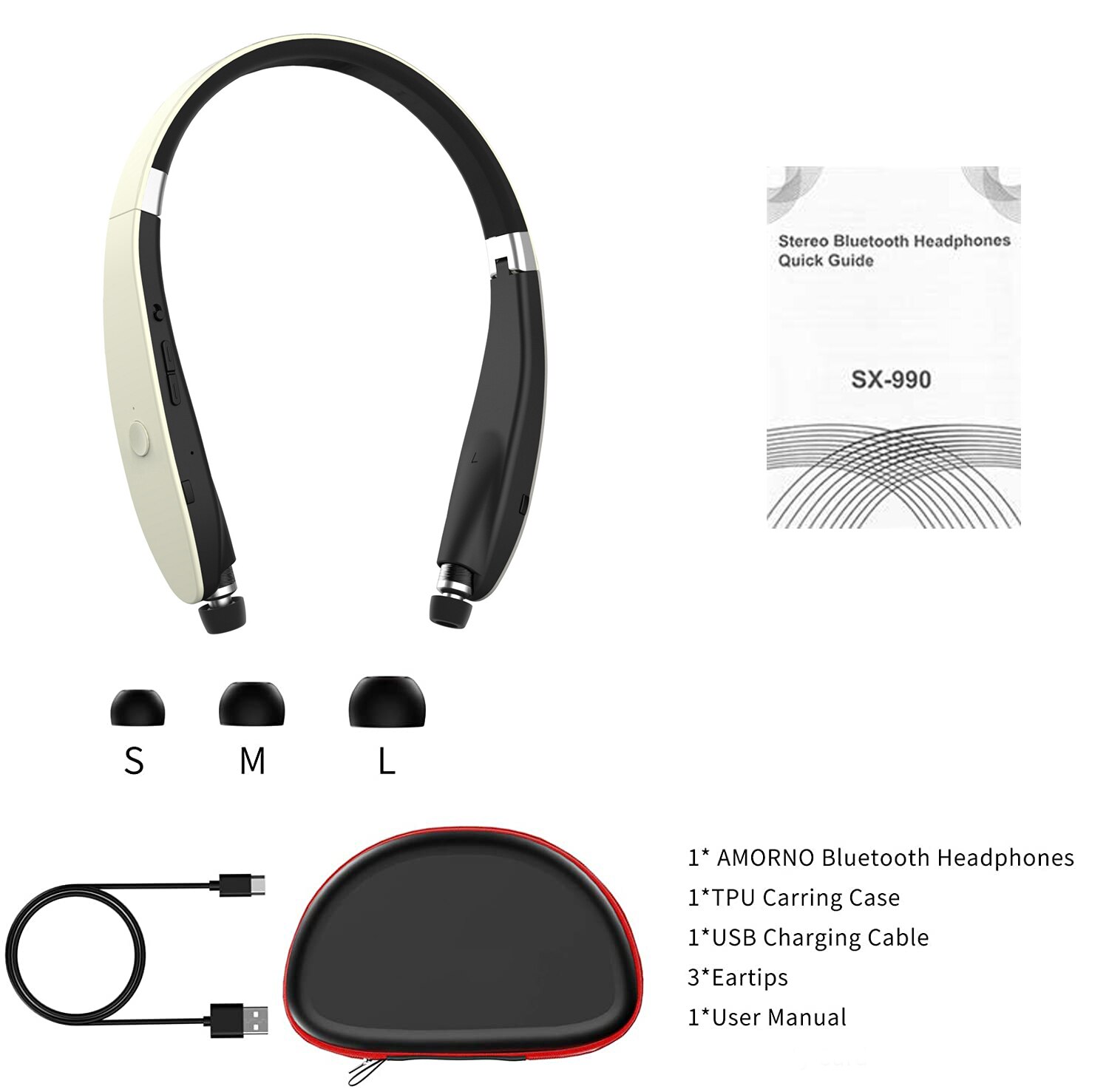 Hopfällbart bluetooth-headset, infällbara hörlurar för sport och träning, brusreducerande stereo-nackband trådlösa hörlurar med mikrofon: Vit