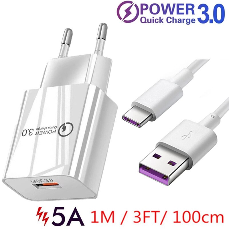 Szybka ładowarka 18W 5A QC 3.0 ładowarka USB szybkie ładowanie typu C kabel do Huawei Samsung Xiaomi Redmi Google Pixel 6 Pro ue wtyczka amerykańska: White Charger cable