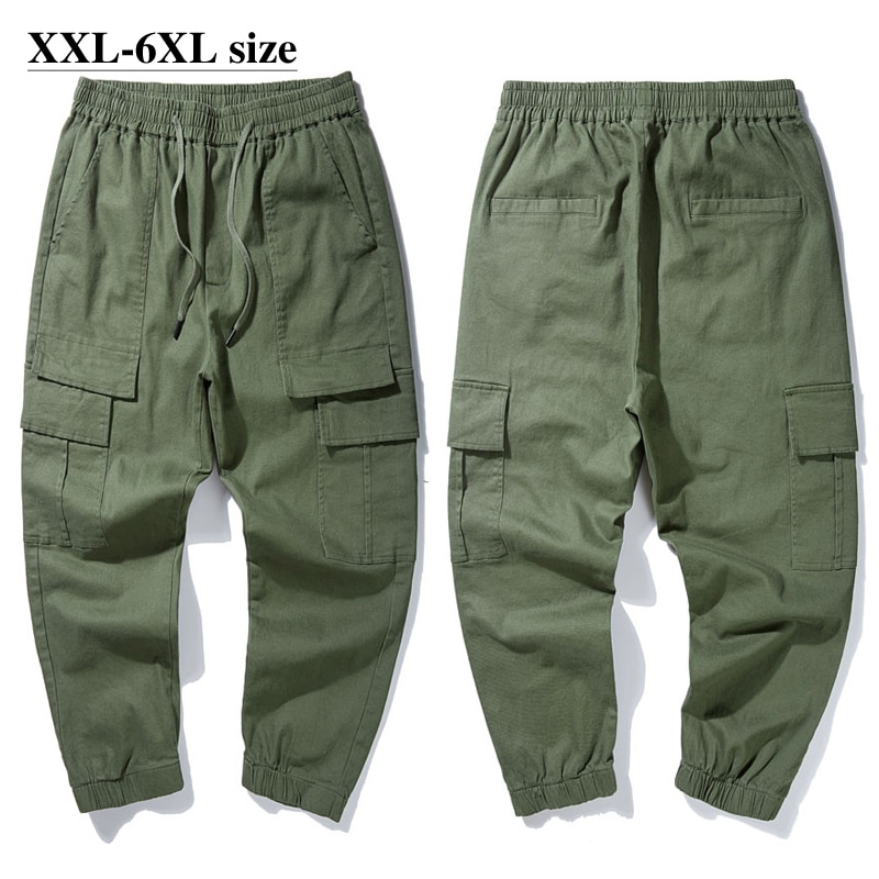 Pantalon cargo décontracté en coton 6xl homme, 5xl taille, taille élastique, multi-poches, kaki, vert