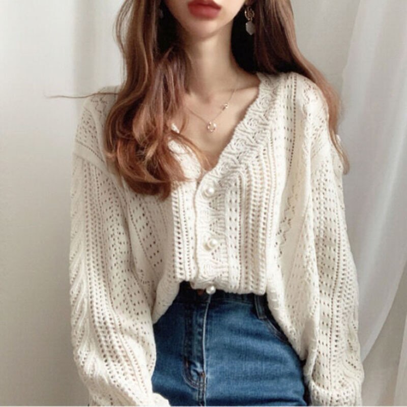 Kvinder netto rød sweater frakke kvindelig v-hals forår og efterår koreansk studerende hule top løs strikket cardigan: Hvid