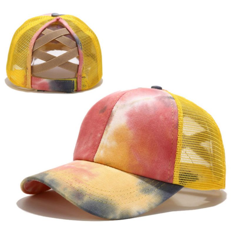 Casquette de Baseball colorée pour femmes, chapeau de camionneur en maille, queue de cheval croisé: YELLOW