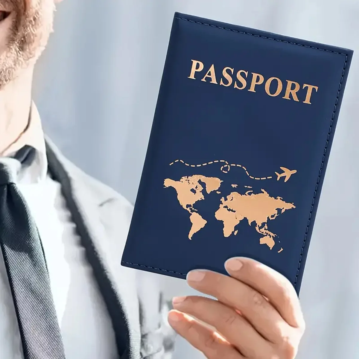 Funda dorada para pasaporte de viaje para hombre y mujer, funda de cuero PU con mapa de billetes, fundas para pasaporte, accesorios protectores para pasaporte