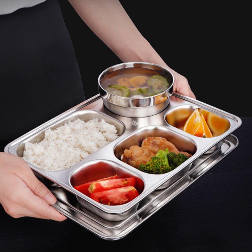 Stainless Steel 304 Divided Dinner Tray Fast Food Plate 5 Grids for School Canteen Kids 5 Section Cafeteria Partition Plate