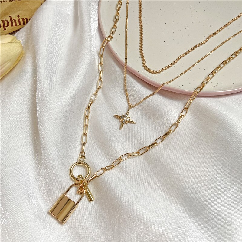 17KM Beads lock Necklace For Women Gold Color Bohemian Stars Pendants Necklaces Female Bijoux Jewelry