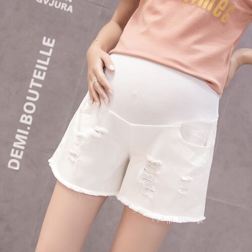 Pantalones vaqueros de maternidad para mujer, pantalones cortos de tela vaquera con cintura elástica, ropa para embarazadas, color blanco y negro: white / M