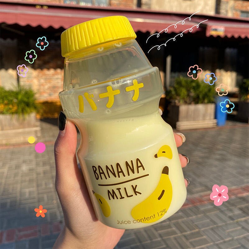 480ml Plastic Water Bottle Tour Drinking Bottle Yakult Shape Cute Kawaii Milk Carton Shaker Bottle for Kids/Girl/Adult BPA Free: Transparent Banana