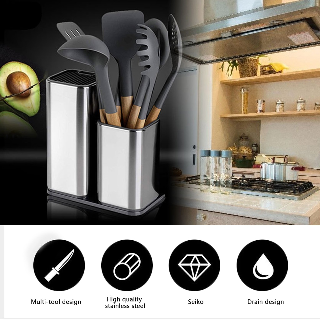 2pcs Stainless Steel Kitchen Knife Holder + Kitchen Utensil Holder Set Knife Stand Organizer Block Sooktops Tube Shelf Container