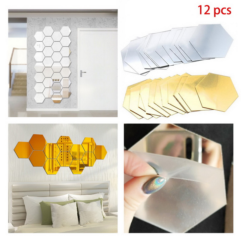12 pçs geométrico 3d hexágono espelho adesivo de parede decoração para casa ampliar sala de estar removível segurança 2 tamanhos diy adesivos de parede