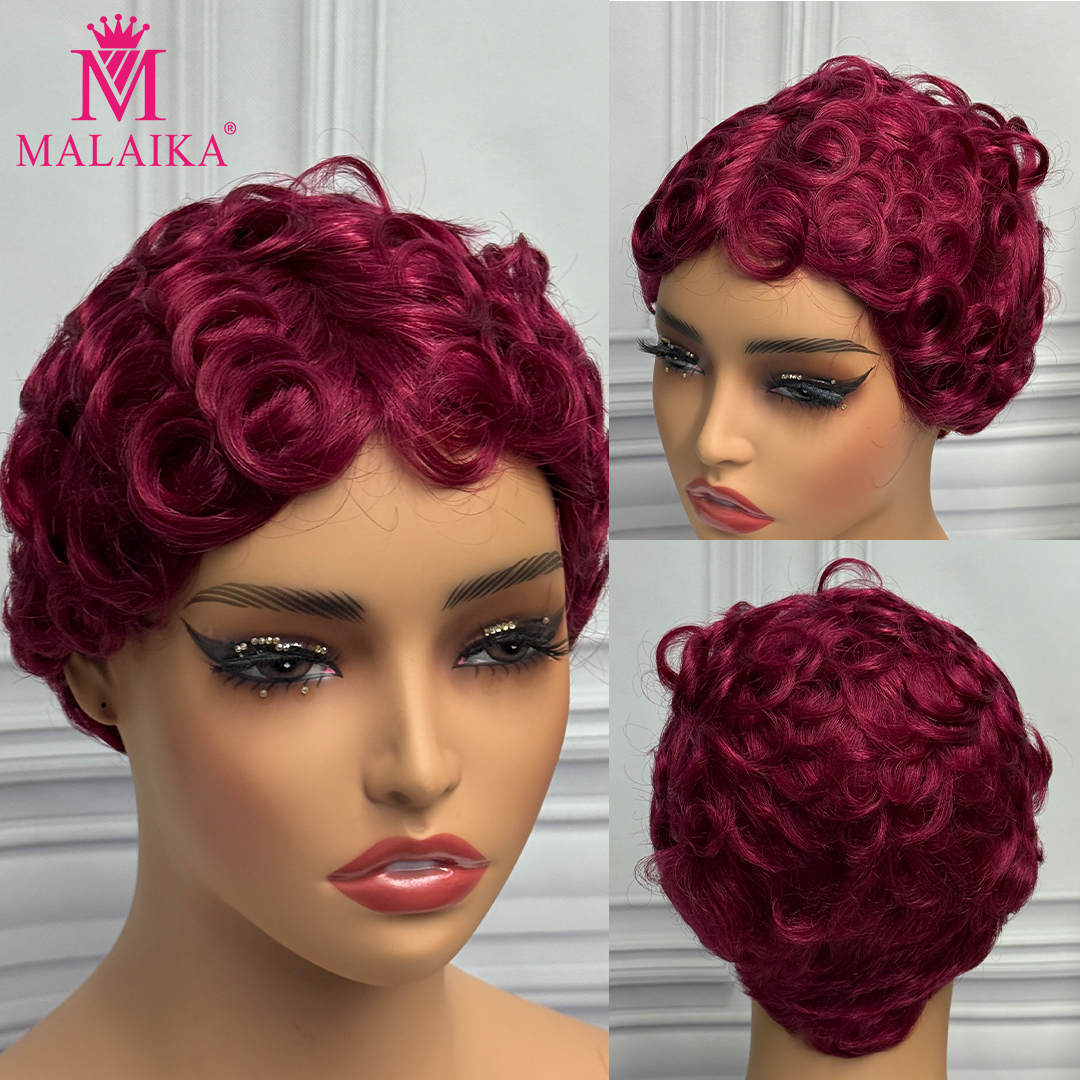 Malaika 4 # 27 # Pixie Cut Bob corto onda suelta cabello humano Chioma pelucas hechas a máquina pelucas rizadas onduladas Bob cabello Remy para mujeres: LYD1B/99J
