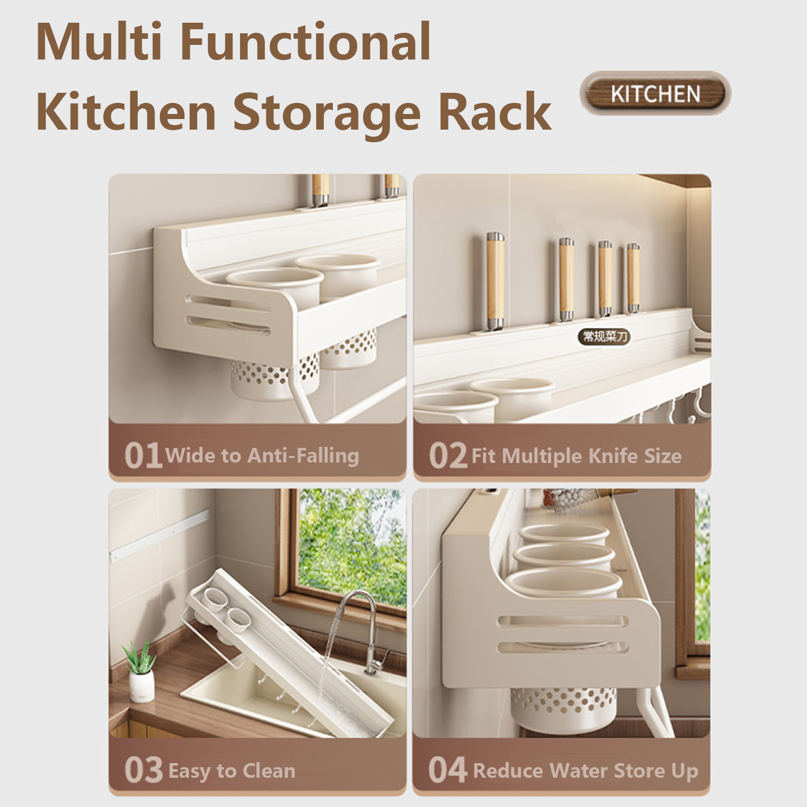Kitchen Organizer Shelf Wall-mounted Spice Storage Rack Kitchen Knife Holder Wall Seasoning Chopstick Spoon Shovel Storage Sheif