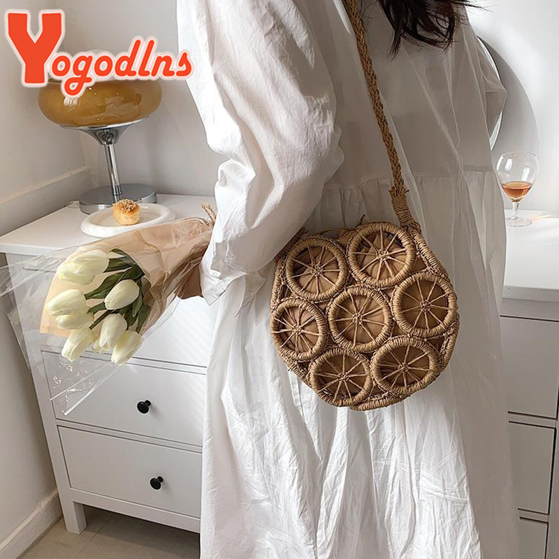 Yogodlns-Bolso de paja con forma de círculo para mujer, tejida a mano bandolera, para vacaciones, playa, bolso de hombro redondo, sa